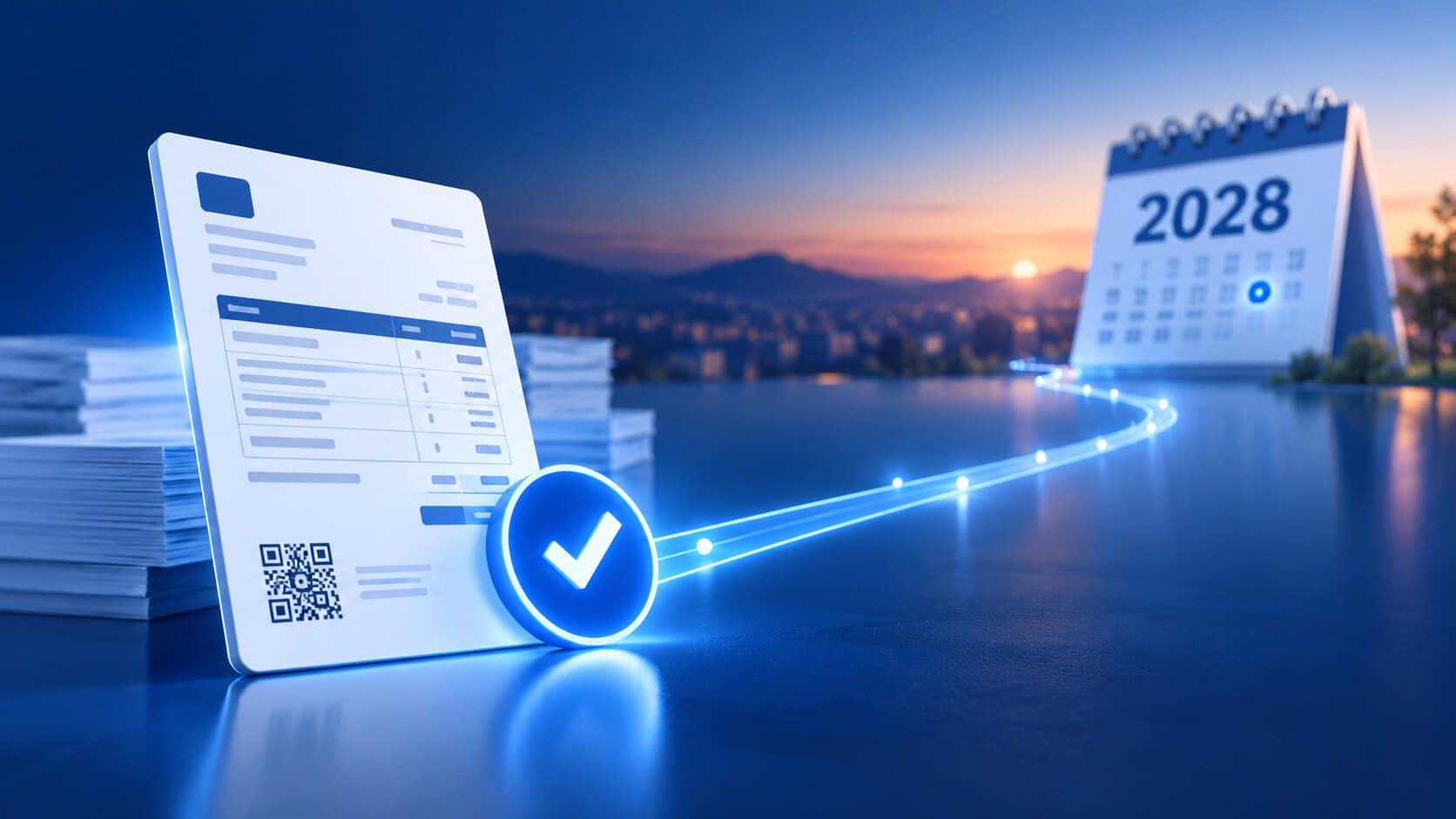 Una factura con código QR y un camino hacia el calendario de 2028