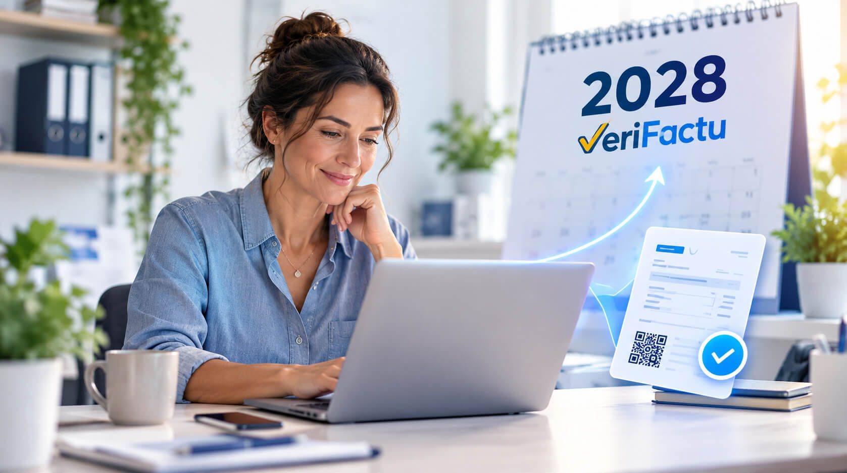 Autónoma facturando con su portátil, con un calendario de 2028 al fondo